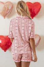 Red Cute Bow Heart Print Ribbon Decor Short 2pcs Pajama Set