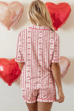 Red Cute Bow Heart Print Ribbon Decor Short 2pcs Lounge Set