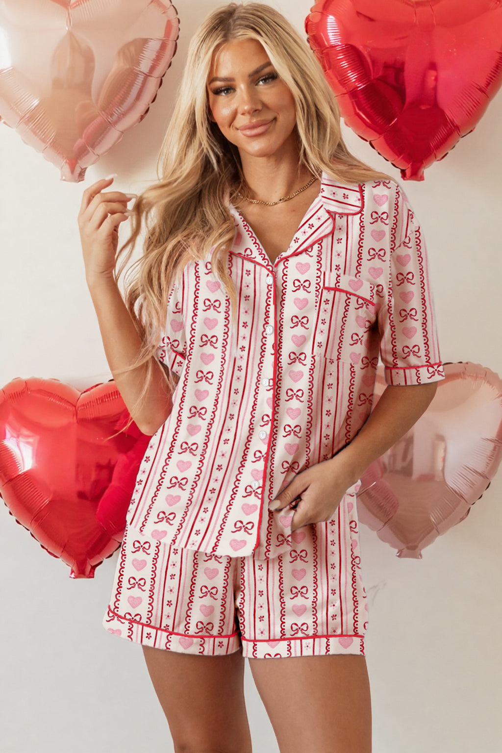 Red Cute Bow Heart Print Ribbon Decor Short 2pcs Pajama Set
