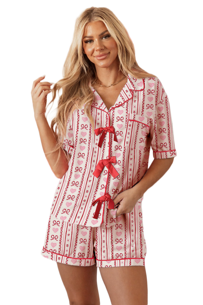 Red Cute Bow Heart Print Ribbon Decor Short 2pcs Lounge Set