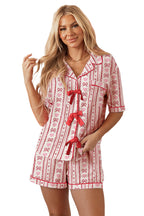 Red Cute Bow Heart Print Ribbon Decor Short 2pcs Lounge Set