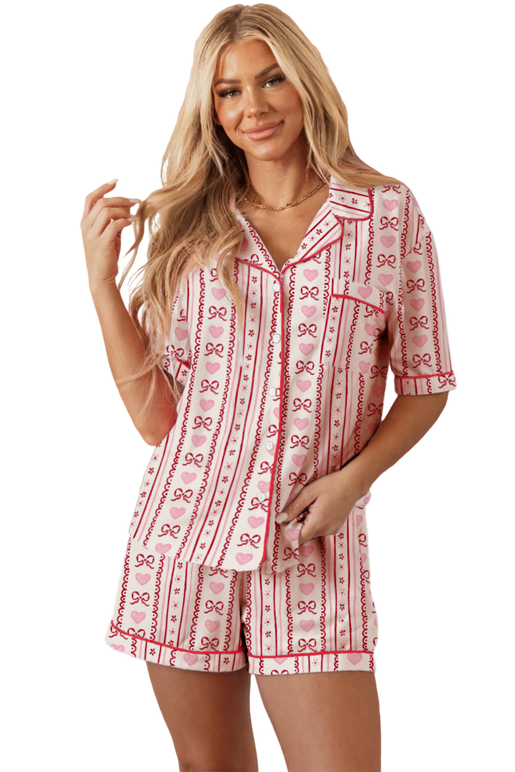 Red Cute Bow Heart Print Ribbon Decor Short 2pcs Pajama Set