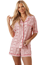 Red Cute Bow Heart Print Ribbon Decor Short 2pcs Pajama Set