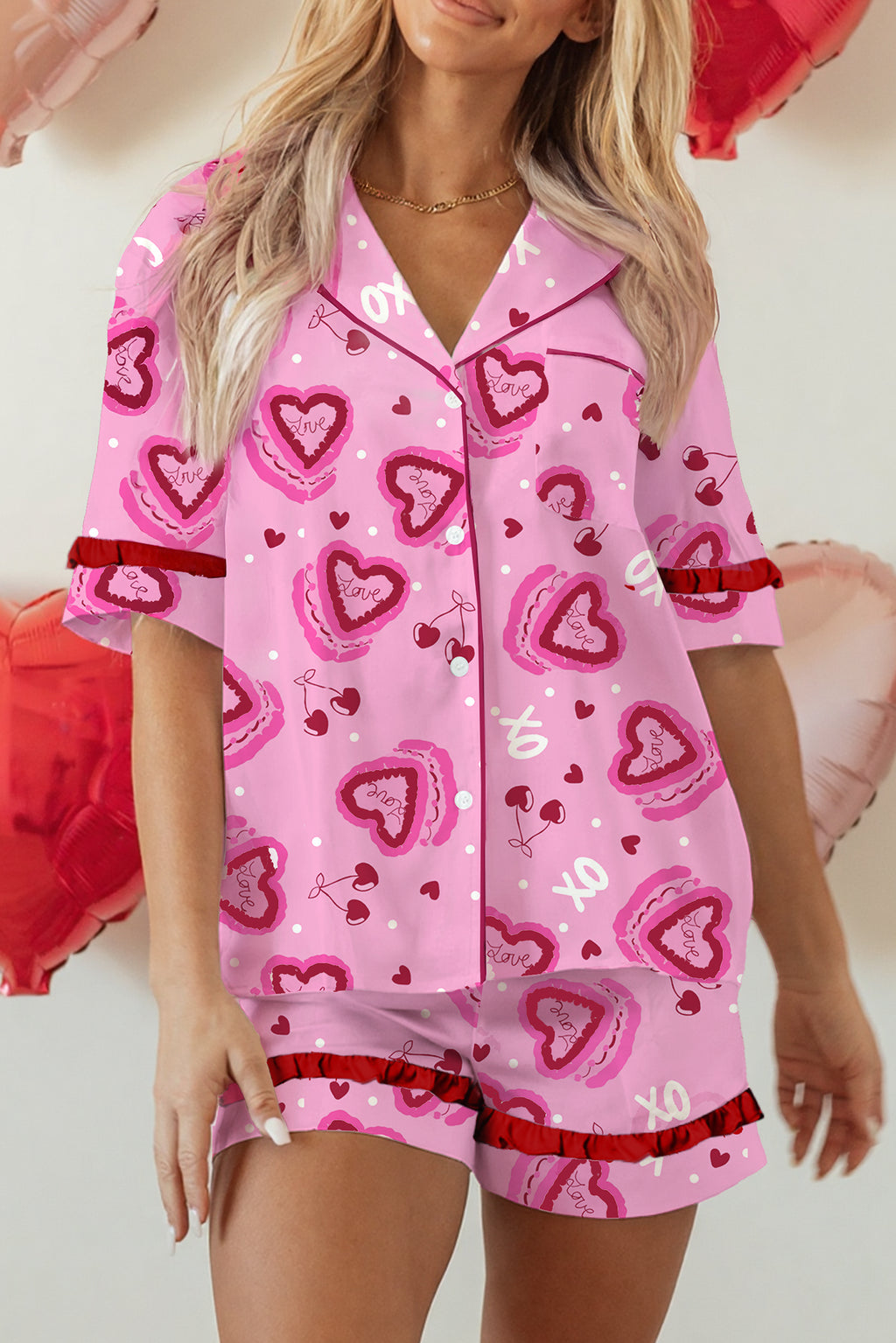 Pink Sweet Heart Cake Print Contrast Ruffle Trim Valentines 2pcs Pajama Set