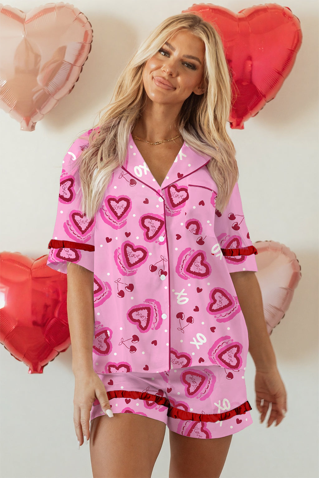 Pink Sweet Heart Cake Print Contrast Ruffle Trim Valentines 2pcs Pajama Set