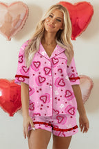Pink Sweet Heart Cake Print Contrast Ruffle Trim Valentines 2pcs Pajama Set