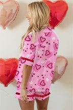 Pink Sweet Heart Cake Print Contrast Ruffle Trim Valentines 2pcs Pajama Set