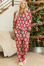 Red Stripe Christmas Fashion Print Henley V Neck Pullover and Jogger Pants 2 Piece Lounge Set
