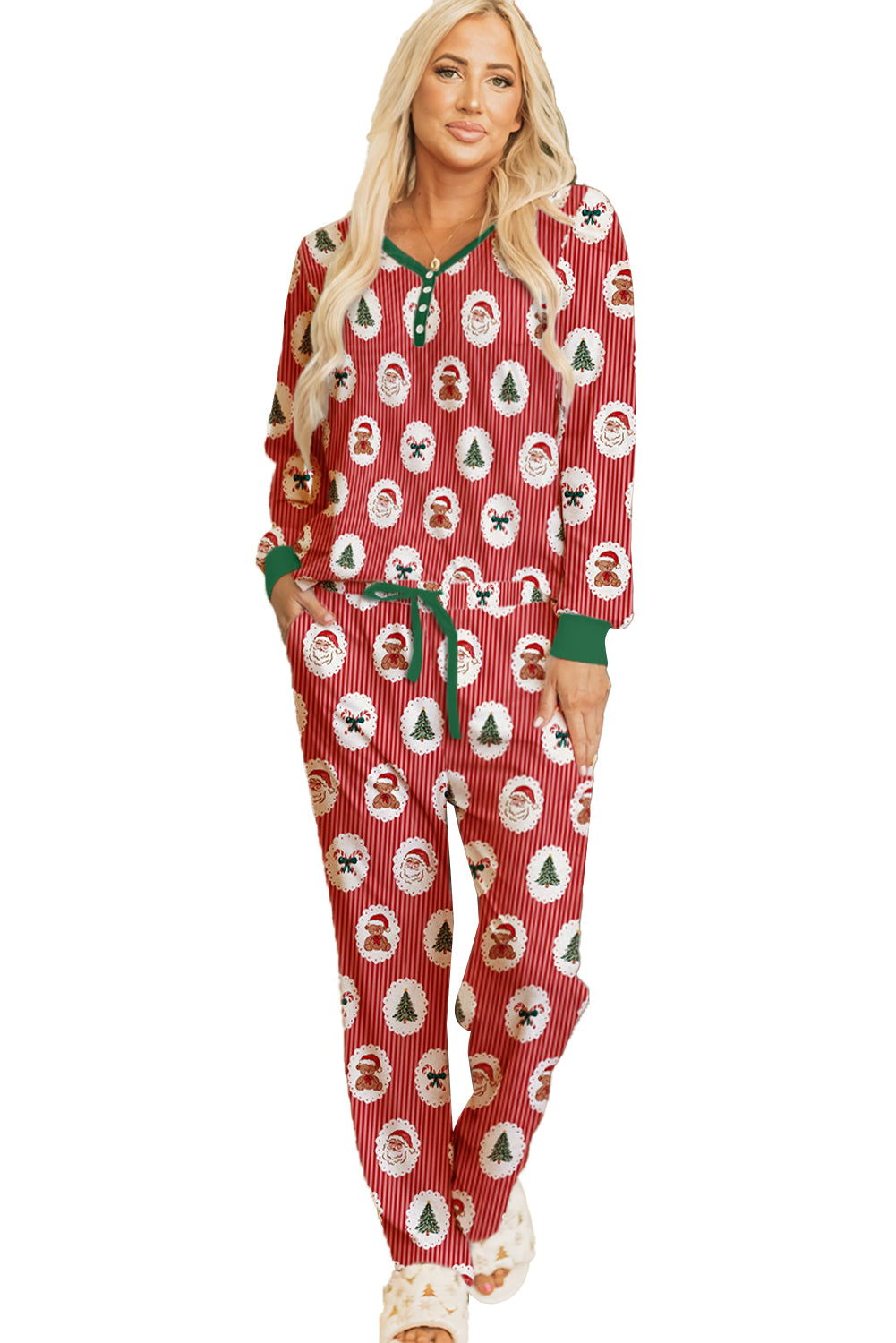 Red Stripe Christmas Fashion Print Henley V Neck Pullover and Jogger Pants 2 Piece Lounge Set