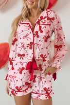 Red Bow Print Valentine Long Sleeve Shirt Shorts 2 Pcs Pajama Set