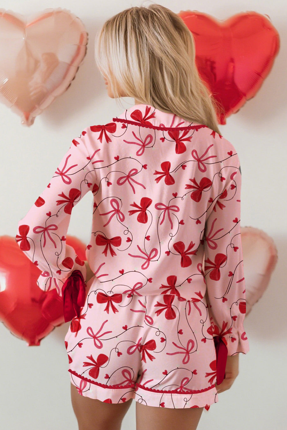 Red Bow Print Valentine Long Sleeve Shirt Shorts 2 Pcs Pajama Set