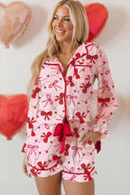 Red Bow Print Valentine Long Sleeve Shirt Shorts 2 Pcs Pajama Set