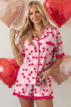 Rose Cherry Bow Mixed Print Scalloped Edge Short Pajama Set