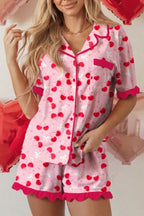 Rose Cherry Bow Mixed Print Scalloped Edge Short Pajama Set
