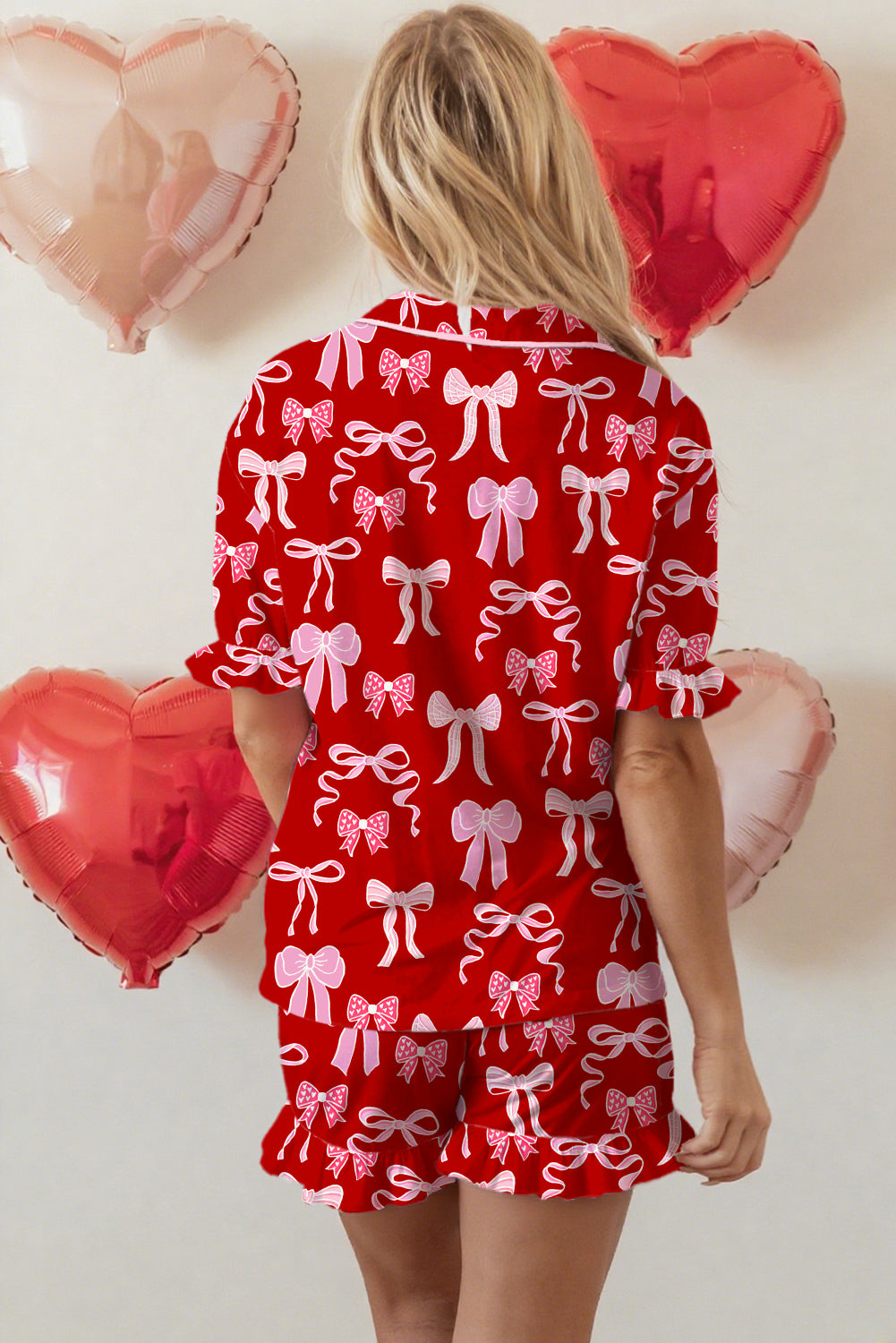 Red Sweet Bow Print Ruffled Short Sleeve Shirt Shorts 2pcs Pajama Set