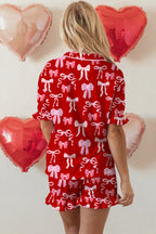 Red Sweet Bow Print Ruffled Short Sleeve Shirt Shorts 2pcs Pajama Set
