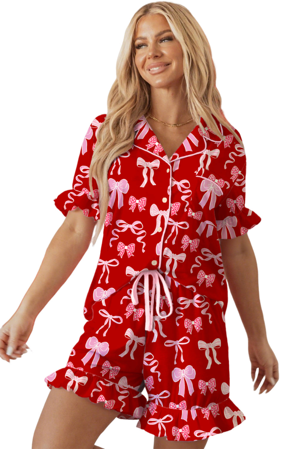Red Sweet Bow Print Ruffled Short Sleeve Shirt Shorts 2pcs Pajama Set