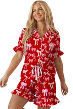 Red Sweet Bow Print Ruffled Short Sleeve Shirt Shorts 2pcs Pajama Set