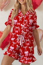 Red Sweet Bow Print Ruffled Short Sleeve Shirt Shorts 2pcs Pajama Set