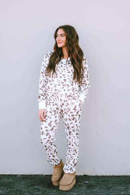 Printed Leopard Long Sleeve Top Drawstring Joggers Lounge Outfit