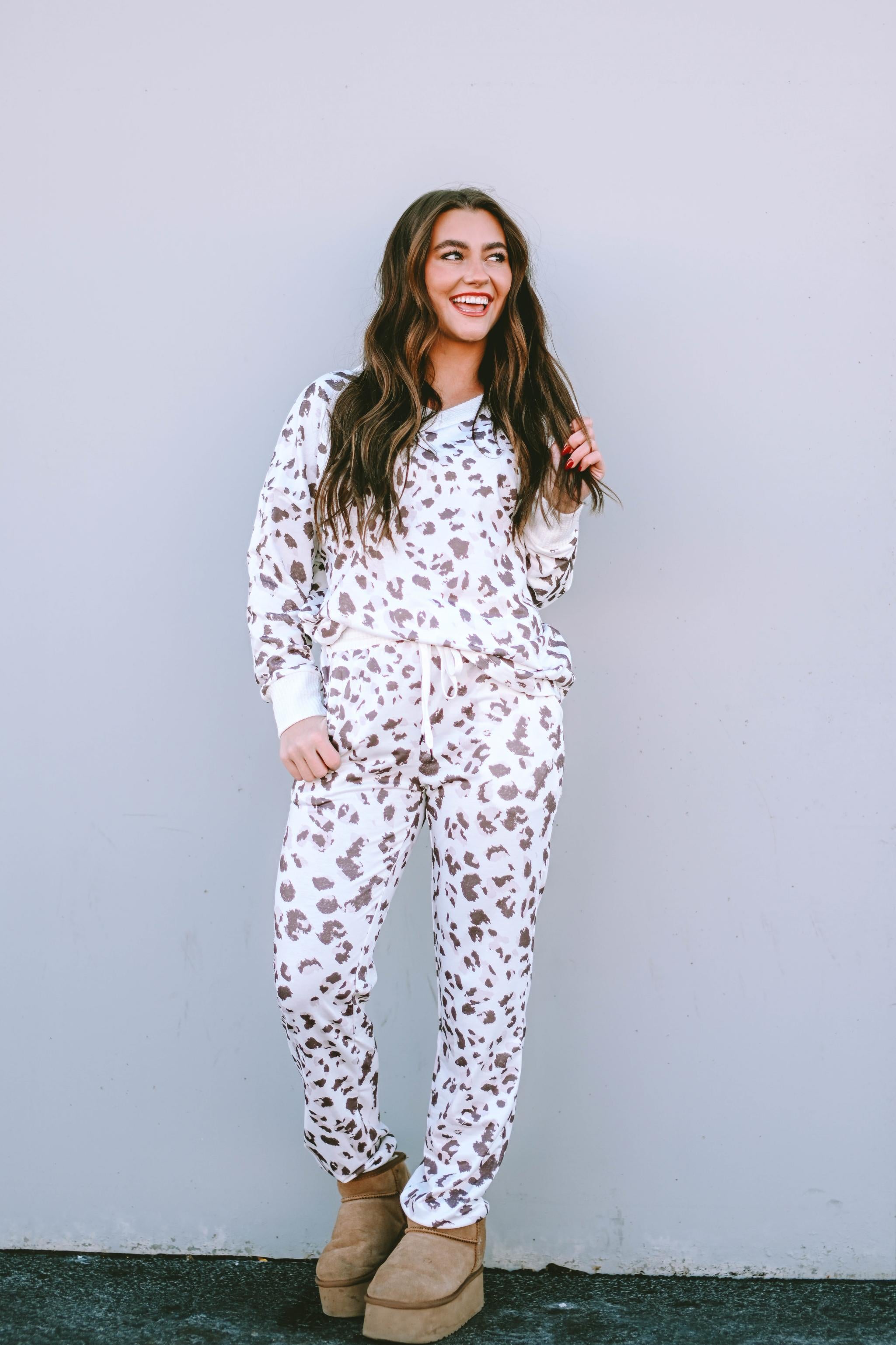 Printed Leopard Long Sleeve Top Drawstring Joggers Lounge Outfit