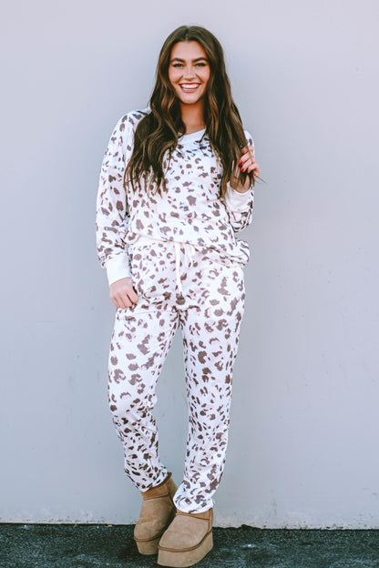 Printed Leopard Long Sleeve Top Drawstring Joggers Lounge Outfit