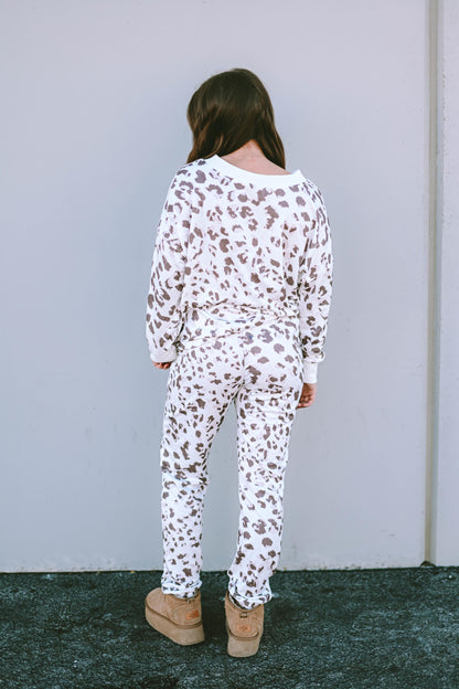 Printed Leopard Long Sleeve Top Drawstring Joggers Lounge Outfit