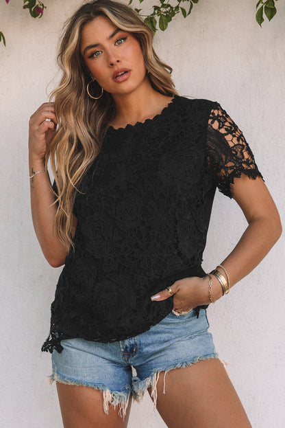 Lace Overlay Short Sleeve Top