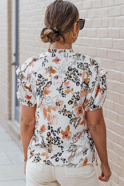 Leopard Floral Print Split Neck Puff Sleeve Blouse