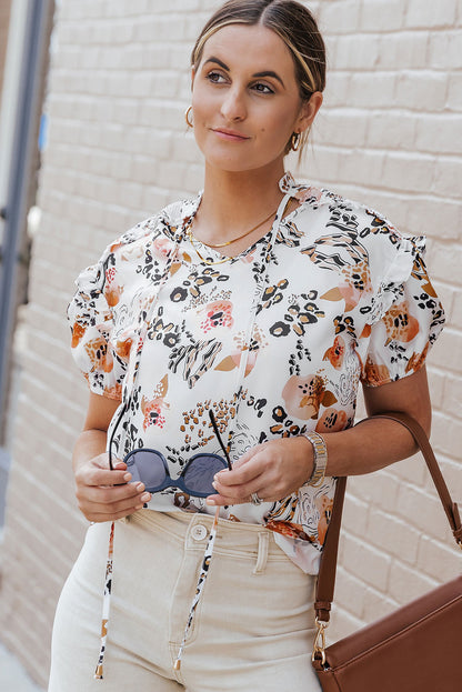 Leopard Floral Print Split Neck Puff Sleeve Blouse