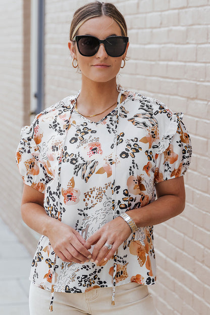 Leopard Floral Print Split Neck Puff Sleeve Blouse