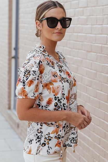 Leopard Floral Print Split Neck Puff Sleeve Blouse