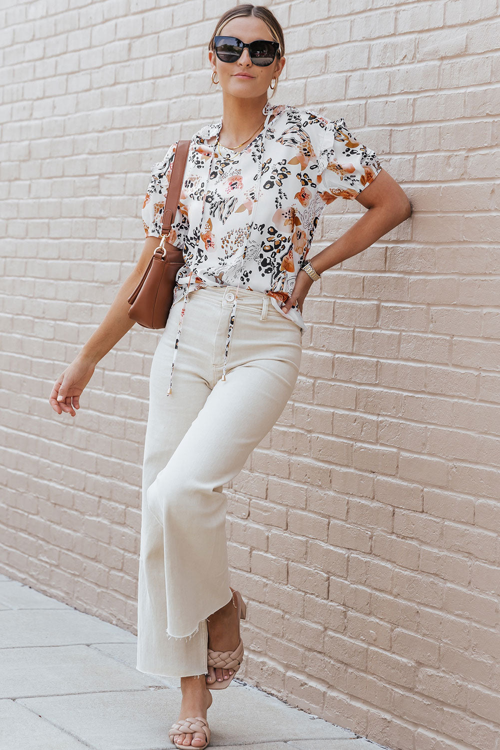 Leopard Floral Print Split Neck Puff Sleeve Blouse