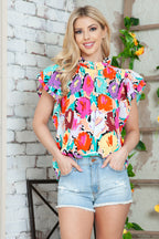 Multicolor Abstract Floral Print Frilled Neck Pleated Blouse
