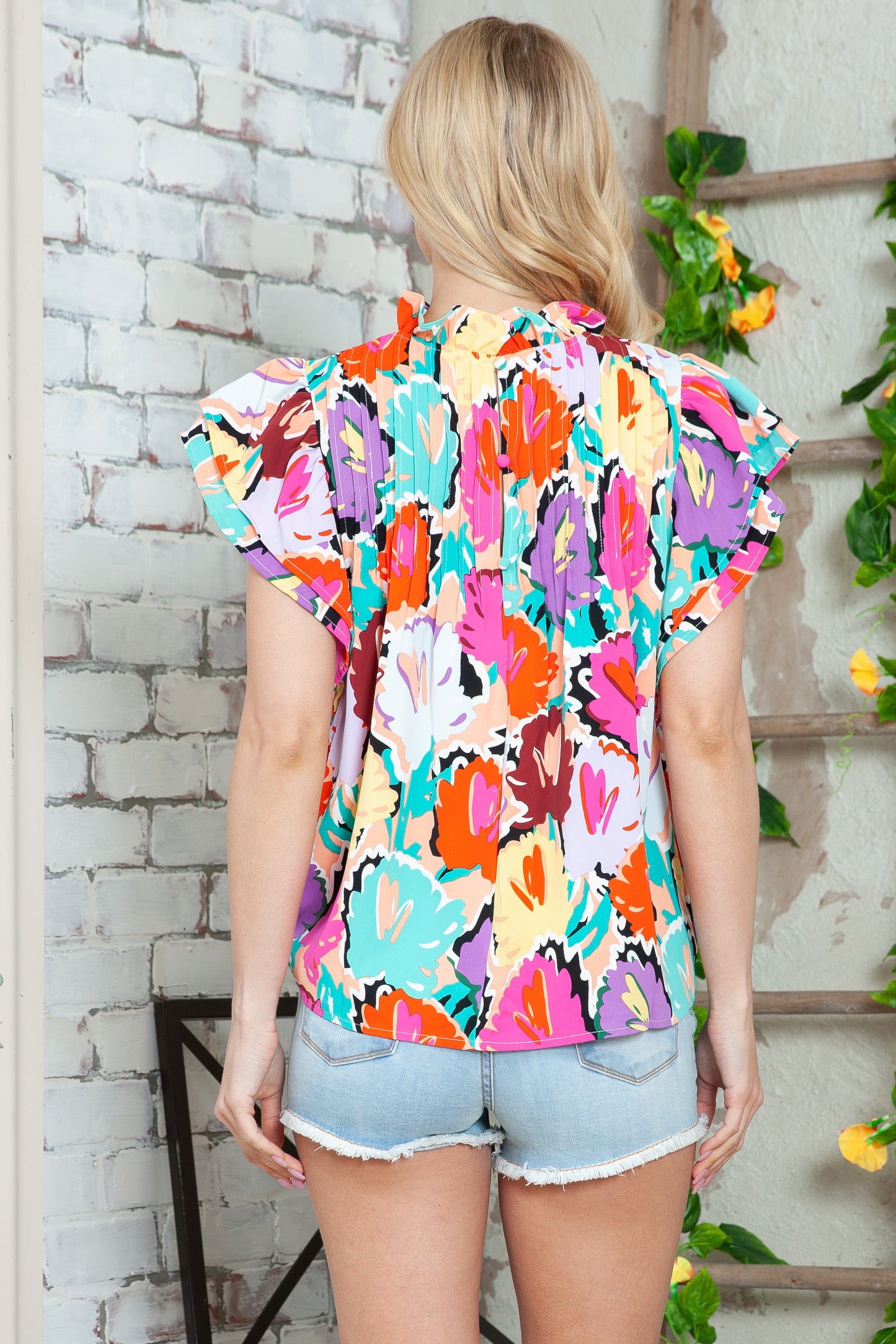 Multicolor Abstract Floral Print Frilled Neck Pleated Blouse
