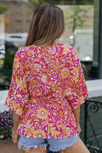 Boho Floral Print Belted Surplice Blouse