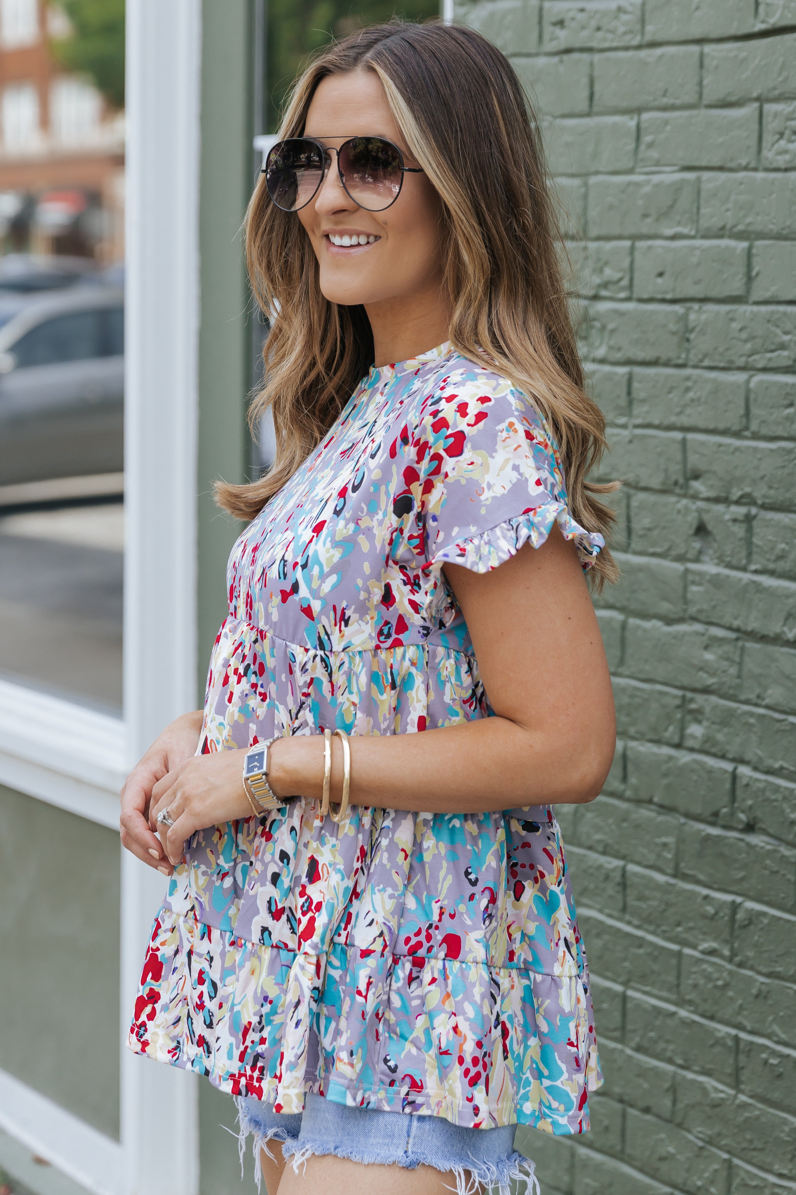 Floral Print Ruffle Sleeve Babydoll Top
