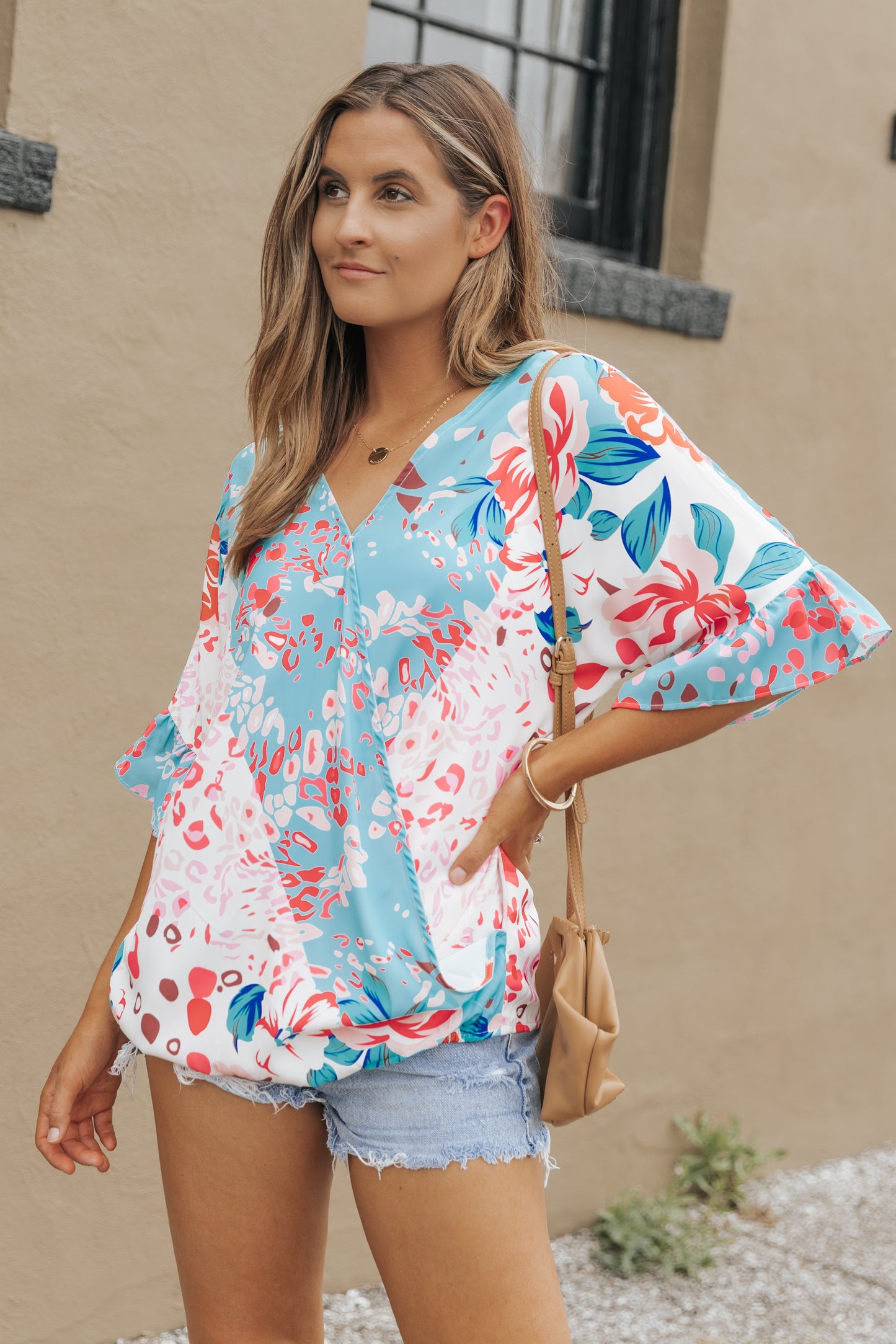 Multicolor Leopard Floral Mixed Print Ruffle Sleeve Surplice Blouse
