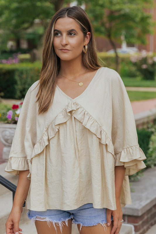 V Neck Draped Batwing Sleeve Ruffle Top