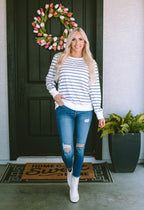 Striped Print Ribbed Trim Long Sleeve Top