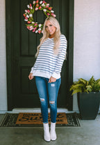 Striped Print Ribbed Trim Long Sleeve Top