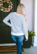 Striped Print Ribbed Trim Long Sleeve Top