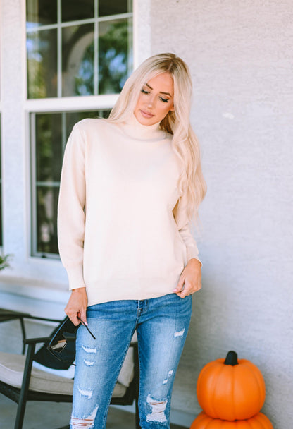 Khaki Ribbed Knit High Neck Long Sleeve Top