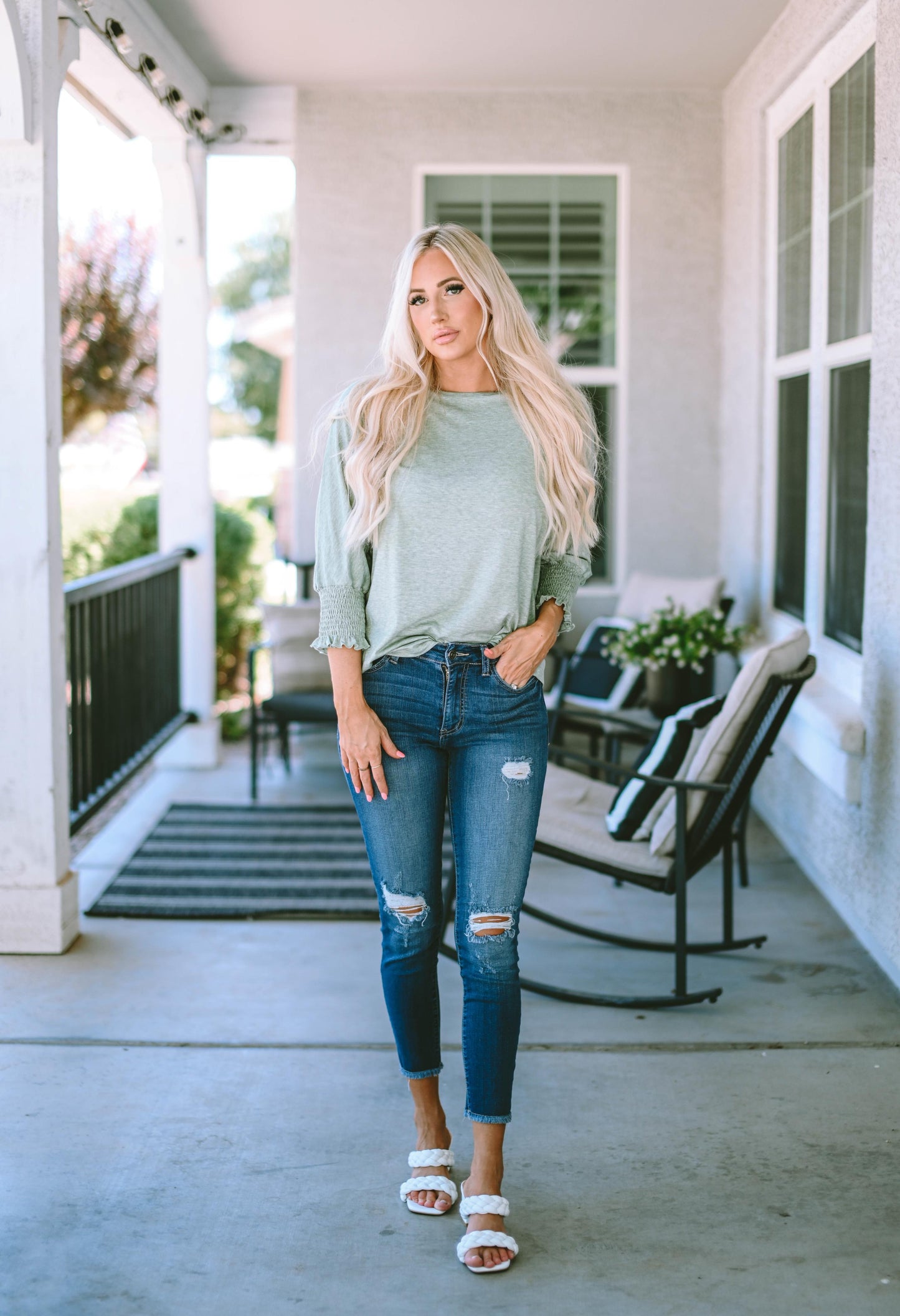 Green Smocked 3/4 Sleeve Casual Loose Top