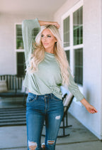 Green Smocked 3/4 Sleeve Casual Loose Top