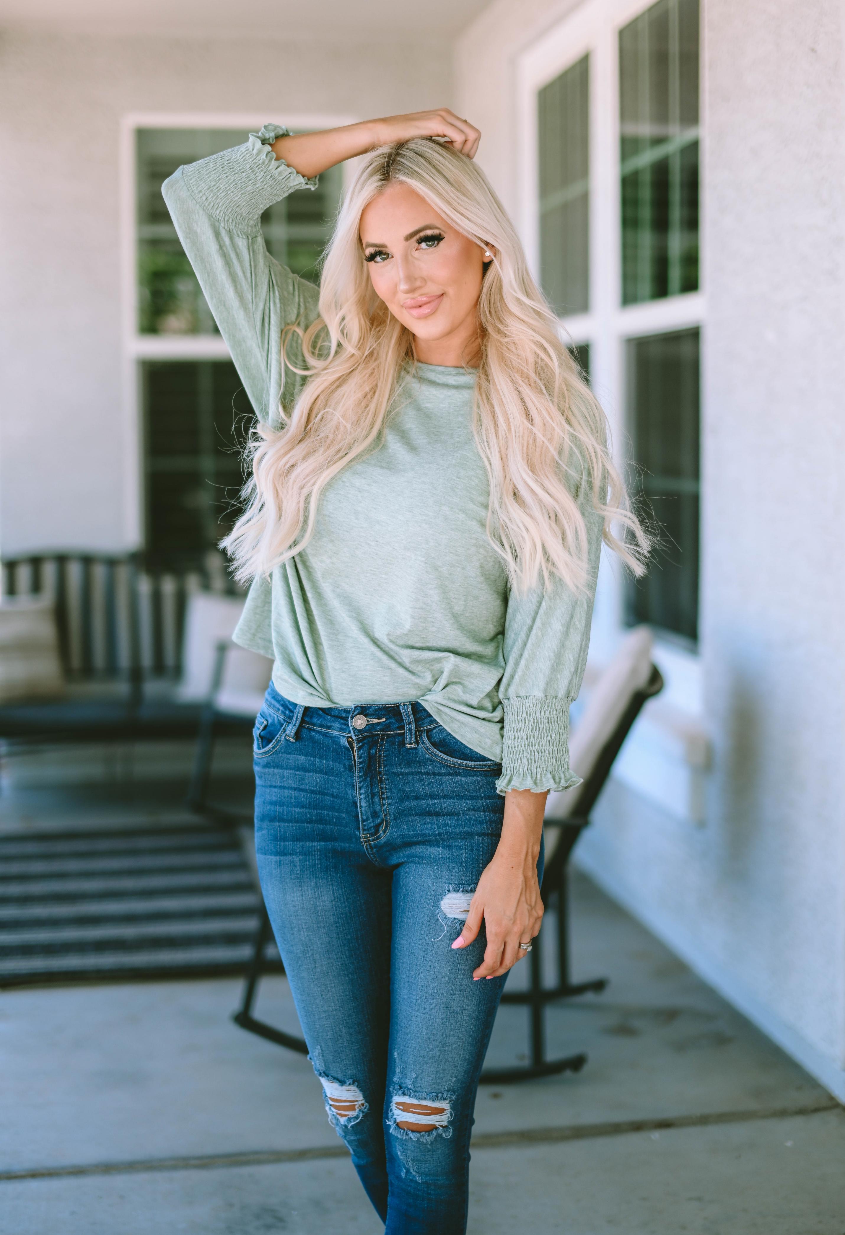 Green Smocked 3/4 Sleeve Casual Loose Top