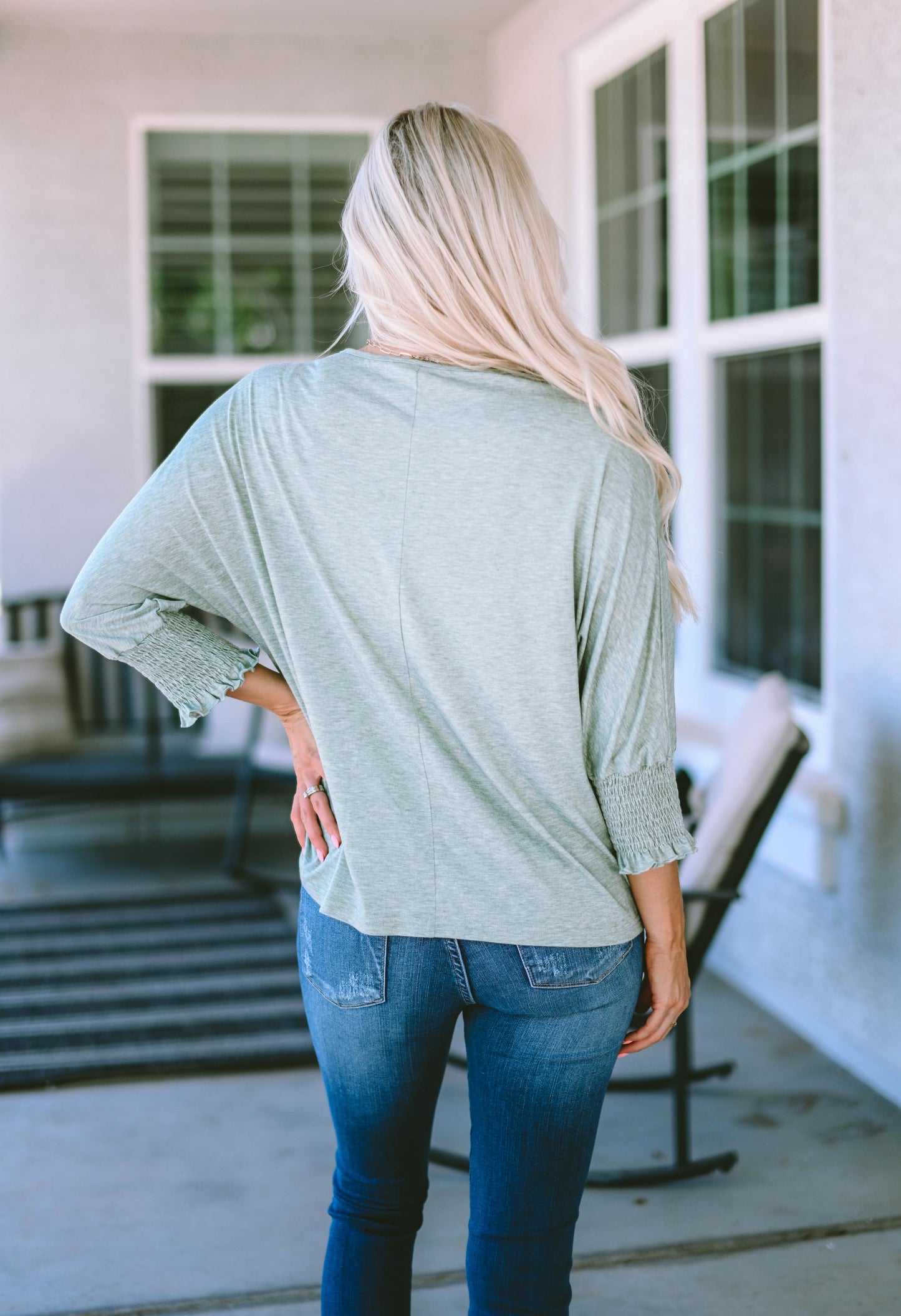 Green Smocked 3/4 Sleeve Casual Loose Top