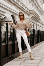 Khaki Knitted Jacquard V Neck Lantern Sleeve Top