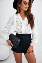 White Eyelet Lace Puff Sleeve Split Neck Blouse