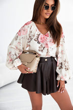 Beige Floral Print Lantern Sleeve V-Neck Blouse